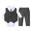Baby Clothes Vest Outfit Suit Formal Boy Set Tie Bow White Romper for 9 12 18 24 Months Party Birthday Kid Gentleman Clothes G1023