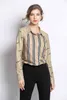 Spring Summer Fall Runway Vintage Striped Print Collar Long Sleeve OL TurnDown Neck Womens Party Casual Top Shirts Blouse 210401
