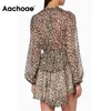 Aachoae Leopard Print Sexy V Neck Ruffles Mini Women Bow Tie Transparent Beach Dresses Lantern Long Sleeve Summer Dress 210413