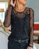 Spring Summer Women Sheer Mesh Lace Blouse New Femme Casual Cold Shoulder Long Sleeve Top Lady V-Neck Cut Out Sexy Oufits 210415