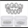 Grillz, Body Jewelry Drop entrega 2021 Hip Hip Hop Grillz Conjunto de 2 piezas Luxury Bling Zircon Dientes aparatos ortopédicos Fashion 18k Goldium Rodium Geom