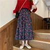 Corduroy Floral Elastische hoge taille geplooide rok vintage vrouwen winter herfst casual dunne zoet Long Koreaans wild warm 210421