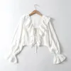 Vintage Ruffle V Neck Lace Up White Blouse Shirt Long Sleeve Summer Spring Beach Tops Crop Mujer 210427