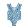 0-3Y Summer Spädbarn Bödd Toddler Baby Girls Badkläder Rainbow Print Ruffles Baddräkt Beachwear Baddräkt DD15 210515