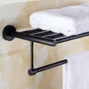 Toalleros de acero inoxidable Soporte negro Estante doble Montado en la pared Estante de baño Percha de almacenamiento