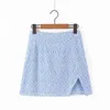 Plaża Dwuczęściowy garnitur dla kobiet Lato Niebieski Mały Kwiat Krótka Krótka Koszulka Z Side Slit Torba Hip Spódnica Talii Dwa zestawy 210508