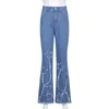 Blommig broderiery tofs blue y2k flare jeans för tjejer kvinnliga mode kvinnor vintage denim byxor hög midja byxa capri 210510