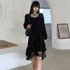 Vestido de fiesta negro de verano Mujeres Irregular Japón Estilo Kawaii Vestido gótico Mujer Lace Ruffles Puff Manga Vestidos 13244 210527