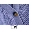 TRAF Women Fashion Single Breasted Loose Stickad Cardigan Sweater Vintage V Neck Långärmad Kvinnlig Ytterkläder Chic Toppar 210415