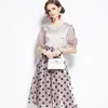 Fashion Puff Sleeve Blouse Top + Polka Dot A-Line Skirt Women's Solid Bright Silk Shirt Midi Skirts Two Piece Set Summer Outfit 210416