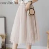 Été Casual Midi Jupes Plissé Noir Sexy Tulle Femmes Coréen Élastique Taille Haute Maille Tutu 210604