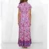 bohemian floral print maxi long dress women v neck ruffle button beach summer dress purple boho holiday dress 210415