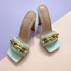 Тапочки 2021 летние элегантные женские моды металлические цепные украшения высокие каблуки мулы слайды насосы квадратные пальцы женские туфли