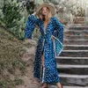 Butterfly Print Bohemian Oversized Beach Dress Cover-Ups Holiday Sash Baddräkt Blå Cover Up Robe Kimono 210427