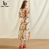 ファッション滑走路夏のドレス女性スラッシュネック弾性ウエスト花のプリントエレガントな休日シフォンMidi 210522