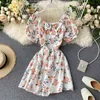 Sommar Sweet Women V-Neck Bow Floral Print Dress Causal Ladies A-Line Mini Beach Seaside för semester 210423