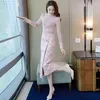 Elegant Ladies Knitted 2 Piece Set Women Autumn Winter Fashion Turtleneck Sweater Pullover And Irregular Spliced Knit Skirt Suit 211119