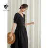 FANSILANEN Office Lady Gentle Wind Abito con scollo a V Donna Summer Lace Stitching A-line Retro Long Black Sexy 210607