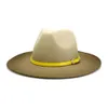 Gradiente Fedora chapéu para mulheres outono inverno homens moda borda larga jazz chapéus com cinto de couro amarelo casual lã roll