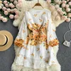 Casual Dresses Boho Runway Women Luxury Long Puff Sleeve Party A-Line Elegant Spring Dress High Waist Autumn Printing Chiffon 6053