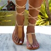 2021 Summer Women Sandals Roman Gladiator Bandage Sandals Knee Flats Slides Fashion Women Shoes Girls Beach Shoes Plus Size X0523