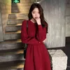 FINEWORDS Koreanische Chic Braun Winter Gestrickte Damen Kleider Stretch A Linie Vintage Weihnachten Kleid Warme Langarm Pullover Kleid G1214