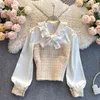 Lady Fashion Bow Neck Satin Langarm Nähen Kurze Tweed Bluse Frauen Vintage Elegante Hemden und Tops Q439 210527