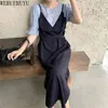 WERUERUYU Kadınlar Yaz Yarım Kollu Sahte Iki Parçalı Uzun Tshirt Elbise Yuvarlak Yaka Gevşek Artı Boyutu Bölünmüş Elbiseler Elastik Büstü 210608