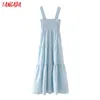 Kvinnor solid bomull blå lång klänning band ärmlös sommar mode dam strand sundress 5x15 210416