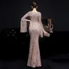 Elegant Party Maxi Dress Gold Sequin Evening Dress Women Long Sleeve Prom Dresses