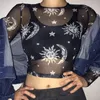Ezgaga Mesh T Shirts Long Sleeve O-Neck Stars and Moon Bohemia Sext Tops Perspective Ladies Y2k Tops Clubwear Wild Casual 210430