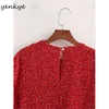 Sommar kvinnor blommig tryck röd klänning kvinnlig kortärmad o nacke robe slim casual lång 210430