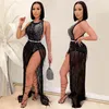 Mode sexy empire ras du cou femmes paillettes 2 pièces robes de soirée 2023 été femmes strass design robe belle discothèque serré net fil chemises femme vêtements