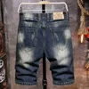 Summer Men's Retro Blue Ripped Short Jeans Street Fashion Big Hole Slim-fit Denim Shorts Male Brand Clothes 210713