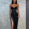 Summer Women Sexy Party Spaghetti Strap Silk Red Black Split Long Satin Dress 210415