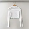 Mulheres Sexy Moda Borboleta Impressão Branco Verão Curto Camisetas Menina De Manga Longa Turtleneck Exposed Umbigo Tops 210421