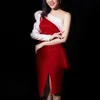 Verano mujeres un hombro rojo midi bodycon vendaje vestido sexy manga larga arco celebridad noche club fiesta 210423