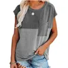 T-Shirt für Damen, Farbblock-Taschen-Shirt, lässig, locker, kurzärmelig, O-Ausschnitt, Patchwork-Top, Sommer-Pullover, Baumwolle, Vintage-Mädchen-Tops, Damen-T-Shirt