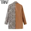 Women Fashion Leopard Print Patchwork Blazer Coat Vintage Long Sleeve Pockets Female Outerwear Chic Tops 210507