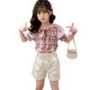 Kids Summer Clothes Plaid Tshirt + Short Children's For Girls Lace Teenage Costume 210528