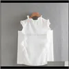 Blusas Ropa de mujer Entrega directa 2021 Mujeres Volantes Decoración Sin mangas Blusa de gasa informal Mujer Botones de perlas Blanco Shi