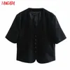Kvinnor Solid Black Blazer Coat Vintage Short Sleeve Mode Kvinna Casual Chic Toppar 4m123 210416