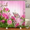 Rideaux de douche imprimés de papillon de fleur Rideau de salle de bain Rose Rose Ensemble de salle de bain Ensemble de couverture de siège de toilette Tapis de bain antidérapant 210402