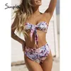 Bikini con stampa floreale Costume da bagno ad alta attesa femminile Costume da bagno a fascia donna Costume da bagno con nodo Off-spalla 2 pezzi set 210414