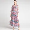 Women's Runway Dress Sexy V Neck Long Sleeves Ruffles Printed Floral Fashion Maxi Designer Party Prom Dresses
