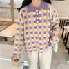 Women Sweater Knitted Long Sleeve Violet Think Pullovers Autumn Turn Down Collar Winter Plaid M0182 210514