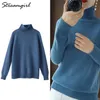 Streamgirl Winter Sweater Women Turtleneck Pullovers Solid Knitted Tops White s For Spring Blue 210914