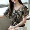 Été Vintage imprimé en mousseline de soie Blouse grande taille Blouses amples femmes décontracté col en v à manches courtes femme chemise hauts Blusas 8836 210427