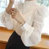 Vår Höst Kvinnor Puff Sleeve Stand Collar Chiffon Blouses Office Ladies Tops Shirt Plus Storlek 2XL! 210713