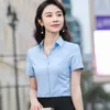 Niebieska koszula Kobiety Letnia Moda Biznesowa Formalna Bawełna Krótki Rękaw Wywiad Slim Bluzki Biuro Panie Pracy Topy Biały 210604